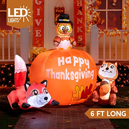 6 FT Thanksgiving Inflatable Turkey with Pumpkin Raccoon & Squirrel LED Yard Decor