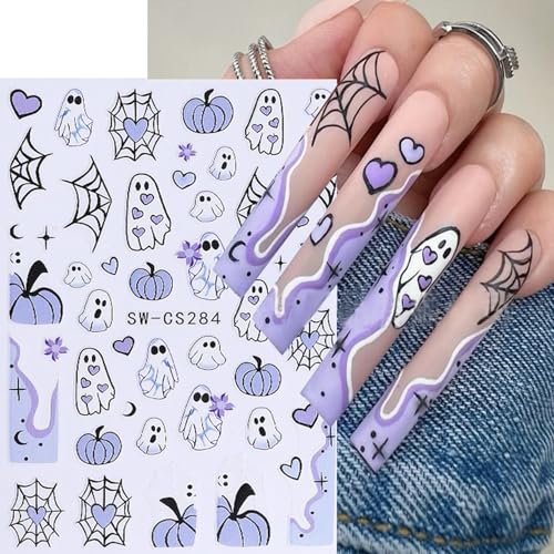 Halloween Nail Art Stickers - Ghost Pumpkin Variation, 6 Sheets, 3D Self-Adhesive Decals for Manicure