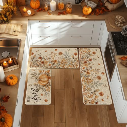 Hello Fall Kitchen Mat Set of 3 - 17x29, 17x36, 17x47 Inches, Beige