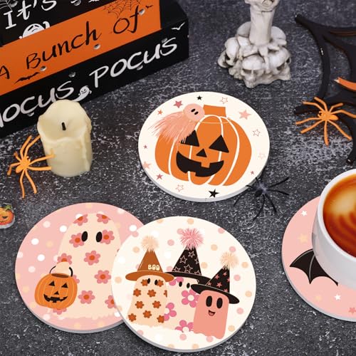 Halloween Ceramic Coasters Set - Ghost, Bat, Pumpkin Design, 4 Pack
