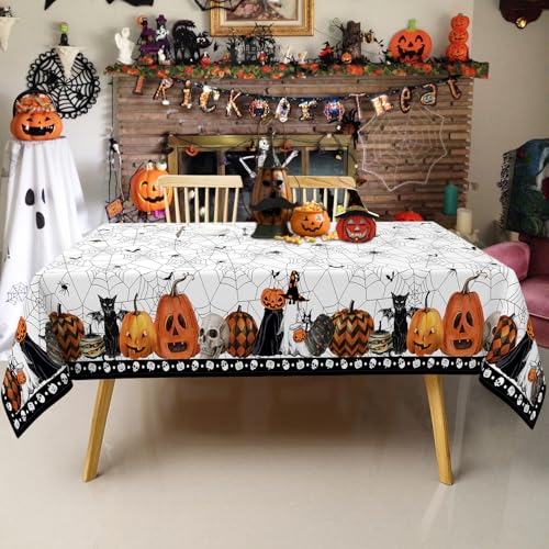 Halloween Spiderweb White Tablecloth 60 x 120 Inch - Washable Fabric Party Decor