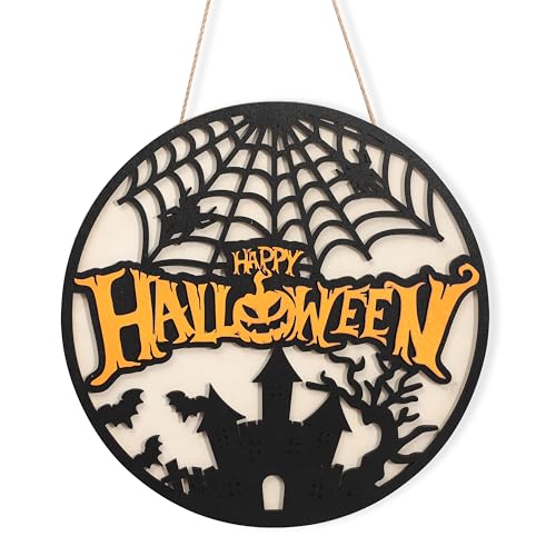 Happy Halloween Wooden Wreath - Ghost Bat Pumpkin Door Sign & Garland - Indoor Wall Decorations - Variation: Happy Halloween Wreath