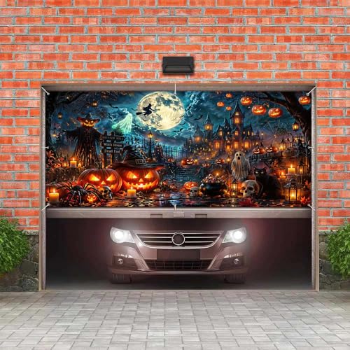 Halloween Garage Door Decor Banner - Spooky Haunted House Pumpkin Witch Moon - 8x7 FT - Outdoor Halloween Decoration