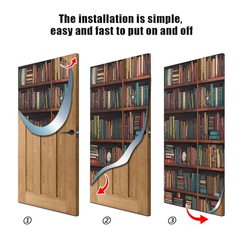 Library Bookshelf Door Cover - Washable Waterproof Holiday Decor - S 32 x 79 Inch