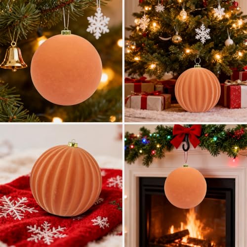 Velvet Christmas Ball Ornaments - 8 Inch Rose Gold Set of 2 - Festive Holiday Decor