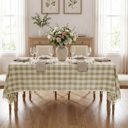 Romanstile Gingham Tassel Tablecloth Rectangle - Beige Plaid 55 x 120 Inch