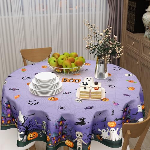 Halloween Round Tablecloth 60 Inch Purple Castle Spooky Decor - Variation: Purple / 60"