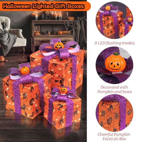 Yudara Halloween Lighted Gift Boxes Set - Orange Bat Spider Web Pumpkin