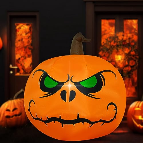 4Ft Inflatable Halloween Angry Pumpkin Lighted Yard Decoration with Blower & Ropes