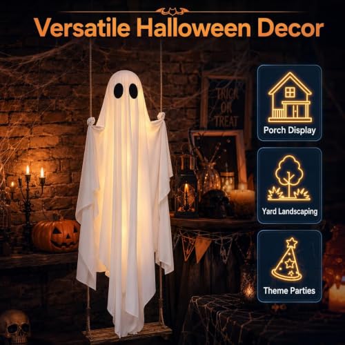Large 4.3 Ft Hanging Ghost Decoration with LED Lights for Halloween Yard
