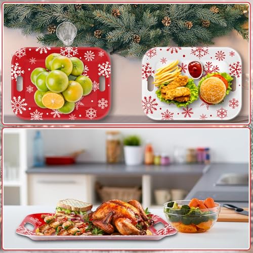 Snowflake Winter Serving Trays Set of 2 - Large Rectangular Melamine Platters with Handles for Holiday Food & Dessert