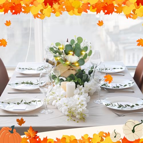 Autumn Fall Decorations Set with Pumpkins Eucalyptus & LED Lights for Thanksgiving & Table Centerpieces