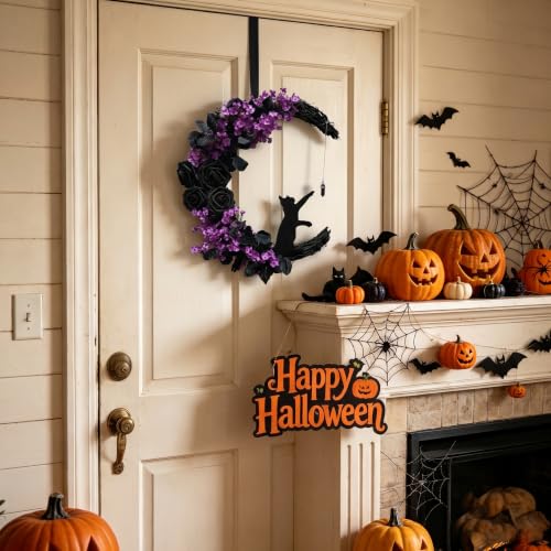 Halloween Moon Wreath 15 Inch Gothic Black Cat Decor with Faux Roses & Purple Flowers