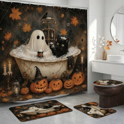 Funny Halloween Bathroom Shower Curtain and Rug Set - Ghost & Cat Scene, 4PCS - InIsaJace