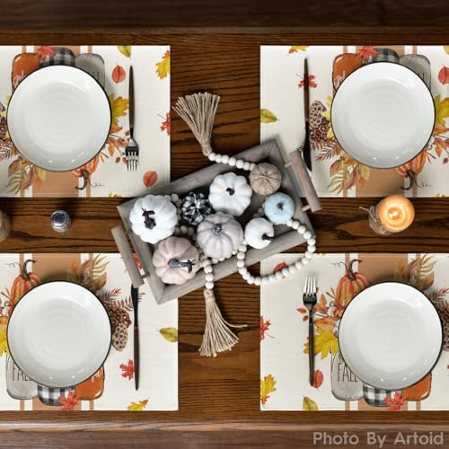 Artoid Mode Fall Thankful Placemats Set of 6 - 12 x 18 Inch Rectangular Beige & Orange