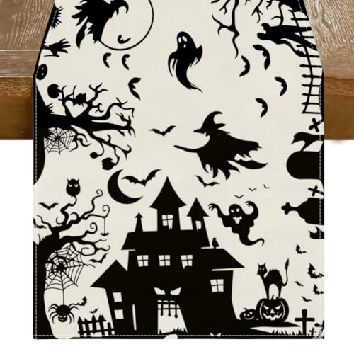 Halloween Table Runner 13x72 Inch Spooky Black Linen Decor for Home