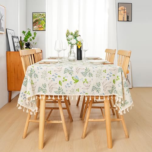 Large Boho Floral Tablecloth 55×102 Inch Cotton Linen Rectangular Cover with Tassels - Pastel Floral Multi