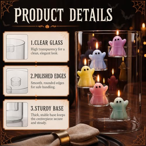 Halloween Glass Hurricane Candle Holder Set with Ghost Candles - Colorful Ghost Variation