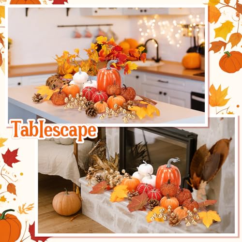 Artificial Fall Pumpkin Set with Maple Leaves Pinecones for Thanksgiving Decor - 24 Pcs