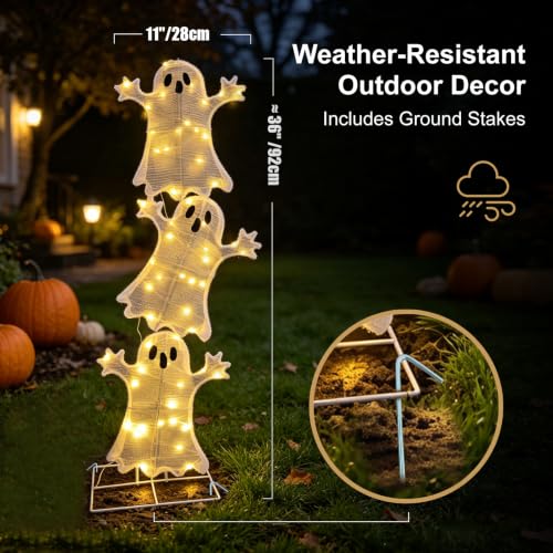 Halloween Decorations Lighted 3 Stacked Ghosts - Battery Operated LED Ghost Yard Sign with Timer, Indoor Outdoor Holiday Decor