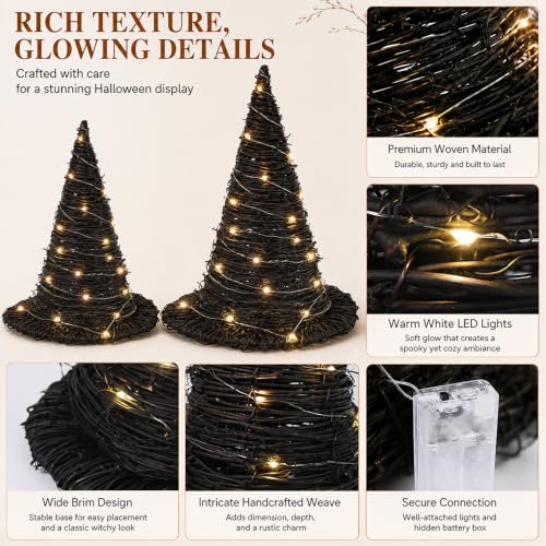 2Pcs Halloween Rattan Witch Hat Decor with String Lights - Indoor Outdoor Party Table Centerpieces