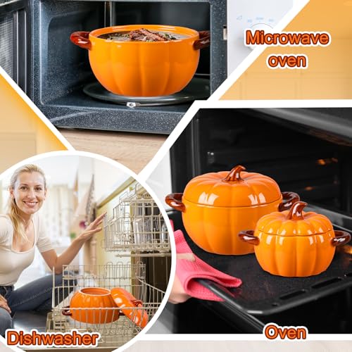 Orange Ceramic Pumpkin Bowls Set of 5 with Lids & Handles - Fall Decor