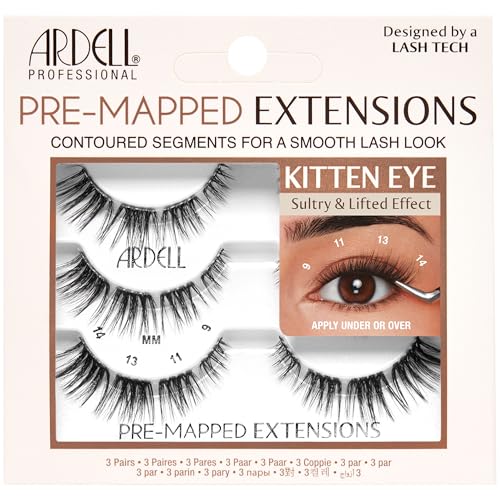 Pre-Mapped False Eyelash Extensions Kitten Eye - Reusable Segmented Lashes, Natural Look, 3 Pack