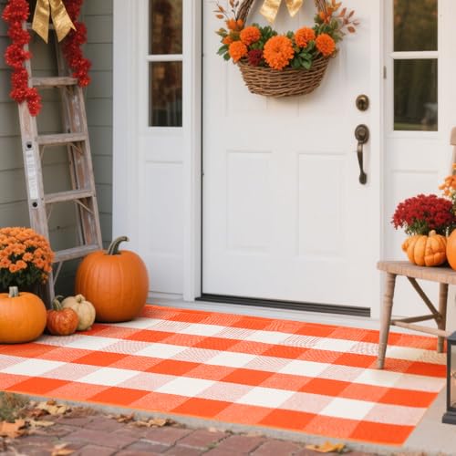 Fall Buffalo Plaid Rug 3x5 Ft - Orange White Indoor Outdoor Rug - Variation: 3' x 5' Rectangular, Orange & White