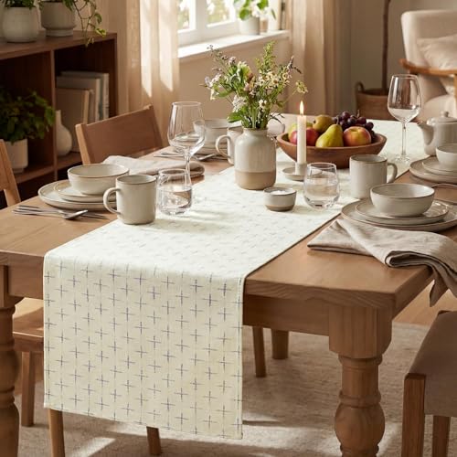 White Cross-Star Textured Table Runner 13x72 Inch - Seasonal Waterproof Rustic Home Decor