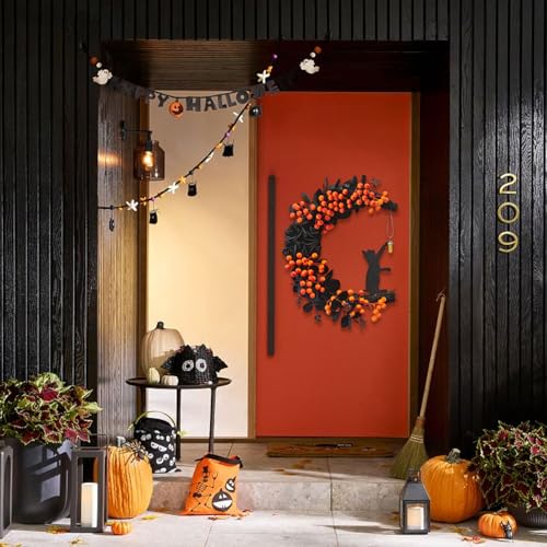 Halloween Black Cat Half-Moon Wreath with Black Rose & Orange Berries - Orange Variation