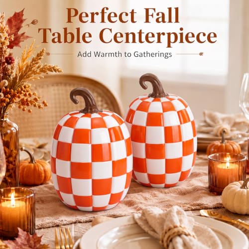 Large Orange and White Resin Pumpkin Halloween Decor - 8.6 Inch Set - Fall Harvest Decorations