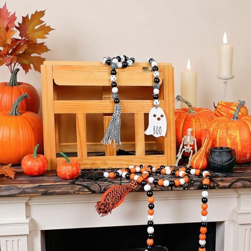 Halloween Wooden Bead Garland Decor with Ghost & Tassel - Black