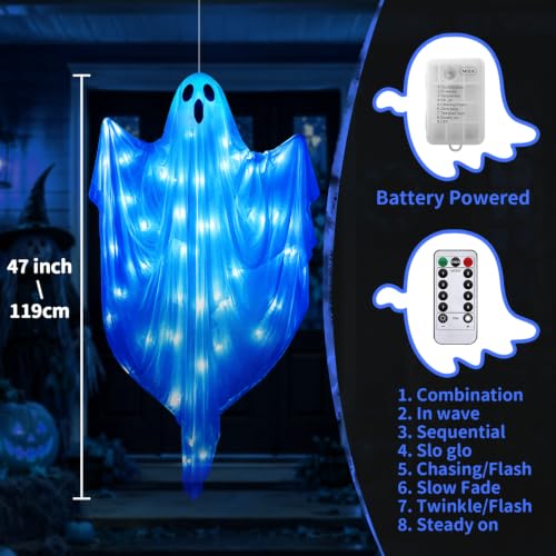 Blue 4 FT Light Up Halloween Ghost Decoration with LED Lights, Timer & 8 Modes