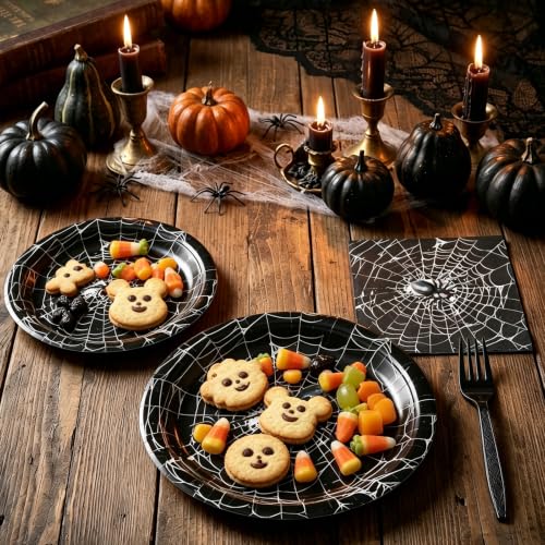 Halloween Spider Web Disposable Tableware Set - 96 Pieces with Napkins & Black Forks - Spider Web Variation
