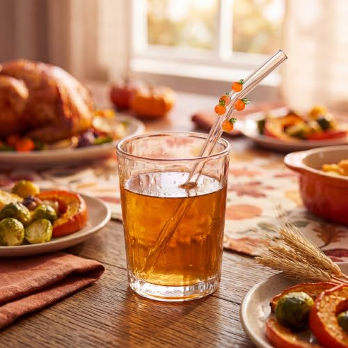 Fall Pumpkin Glass Drinking Straws - 6 Pack, Reusable Halloween Thanksgiving