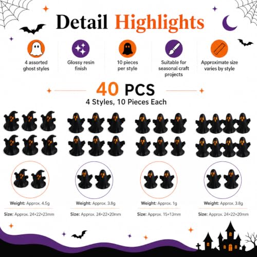 Halloween Mini Resin Ghost Figurines Set of 40 - Spooky Black Decorations