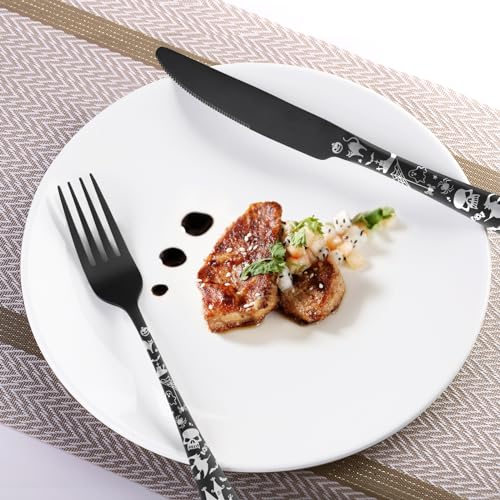 Matte Black Halloween Skull Silverware Set - 40 Piece Flatware for 8
