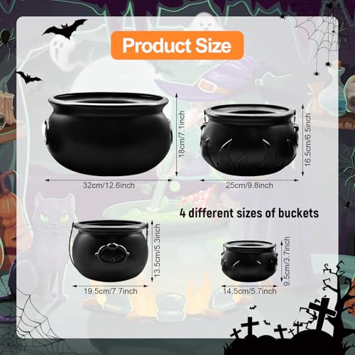 Halloween Cauldron Set 12, 10, 8, 6 Inch Plastic Black Candy Bowls Party Decor
