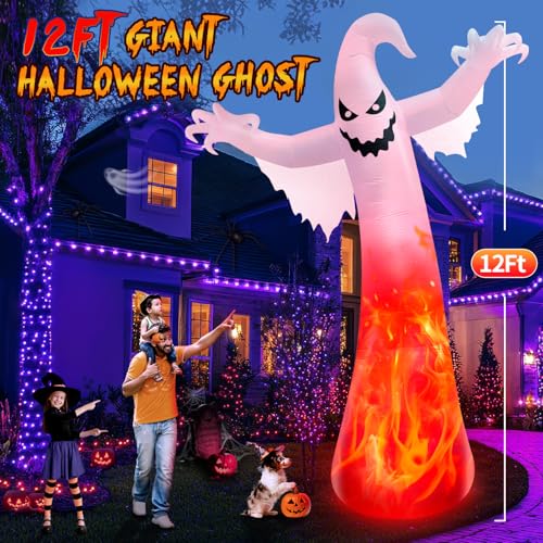 12FT Giant Halloween Inflatable Ghost with 3-Color Rotating Flame LED Lights