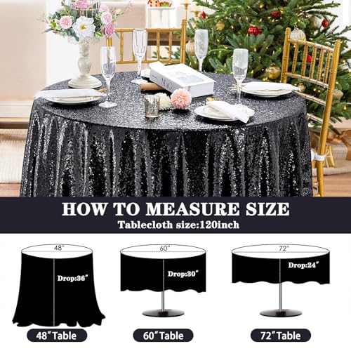 QueenDream Black Sequin Round Tablecloth 120 Inch - Glitter Party Decor