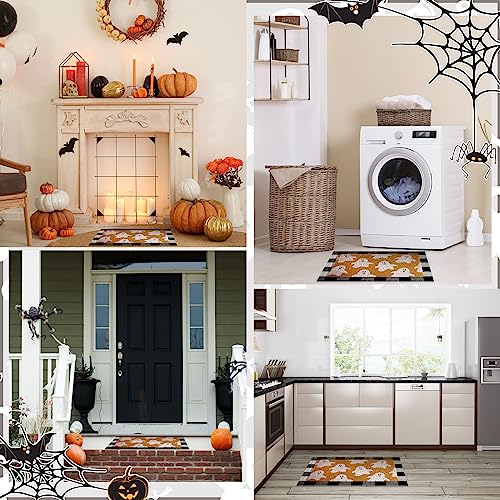 Halloween Ghost Welcome Doormat with Black and White Buffalo Plaid Set - Non-Slip Indoor Outdoor Decor