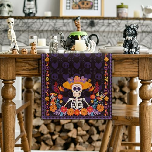 Daisy Skull Day of The Dead Table Runner - Mexican Kitchen Decor, 13x72 Inches