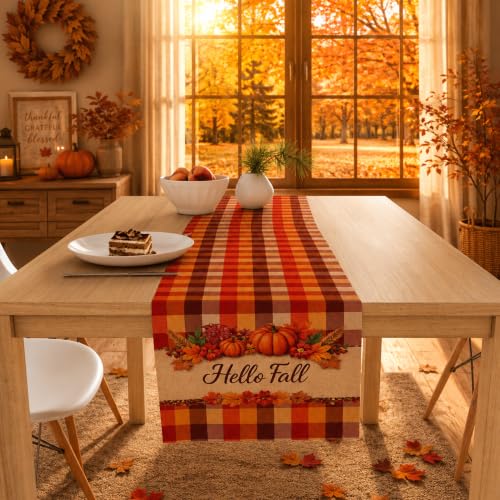 Fall Pumpkin Plaid Table Runner - Hello Fall Thanksgiving Decor - OHOME Variation