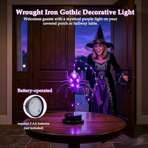 Halloween Night Light - Black Spider LED Table Lamp with Battery Operated Iron Decor