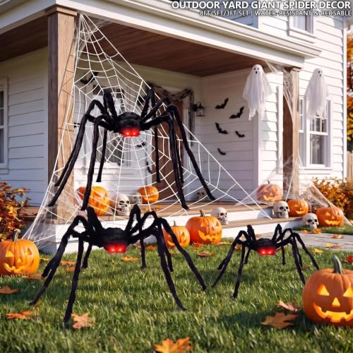 Giant Black Spider Family Set - 8Ft, 5Ft & 3Ft Halloween Decorations with Glowing Eyes