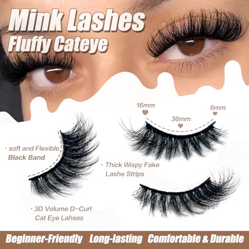 Wispy Mink Lashes Fluffy Cat Eye Fake Strips - 18mm Dramatic 3D Faux Mink