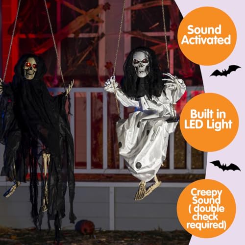 Black & White Swinging Ghosts Halloween Decorations with Lighted Eyes - Outdoor Yard Decor Set