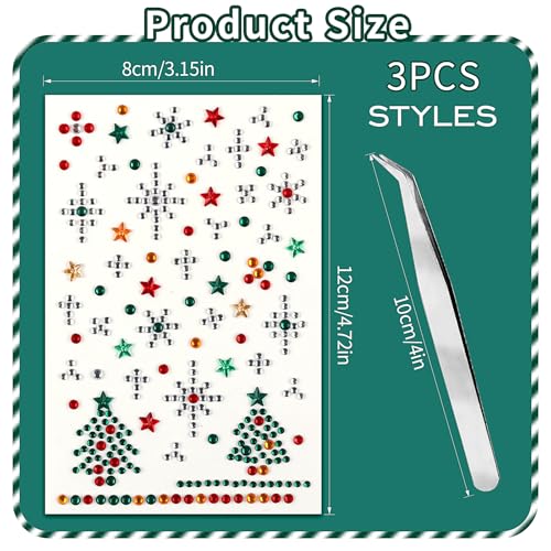 Christmas Face Gems with Snowflake, Tree & Elk Variations, Self-Adhesive Face Jewels for Makeup & Raves