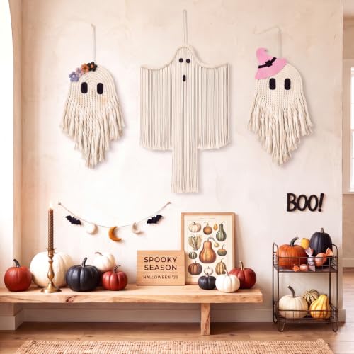 3 Pcs Halloween Ghost and Bat Wall Decor Set - Boho Spooky Indoor Outdoor