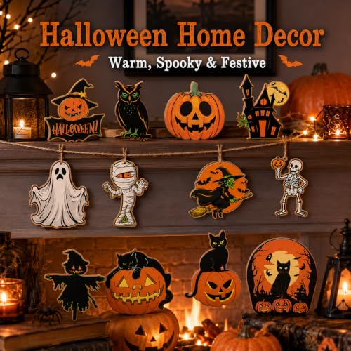Wooden Halloween Hanging Decorations Set - Rustic Wreath Ornaments for Front Door, Window & Wall